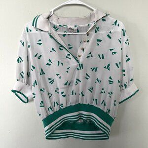 Russ Petites vintage white green golf shirt lightweight sheer collar top size S